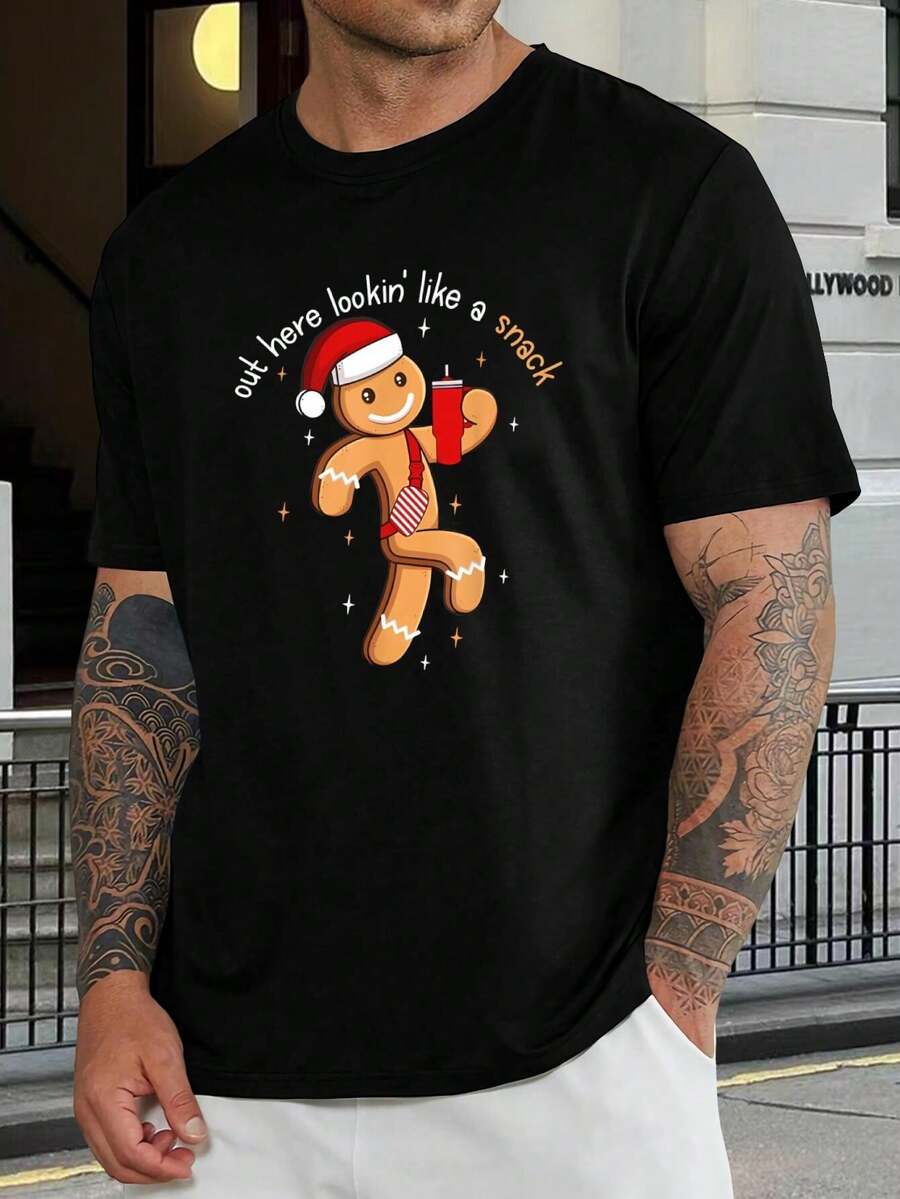 Camiseta Navideña de Hombre de Jengibre Gracioso - Ropa Festiva Linda para Hombres y Mujeres, atuendo para fiestas, camiseta para papá, camiseta negra de algodón, regalo gráfico - Negro - Ver 1