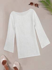 女式纯色休闲透气海滩度假性感镂空透视长袖罩衫迷你连衣裙，春夏 - 白色 - 查看 7