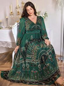 大码女式V领随机花卉印花灯笼袖优雅长袖长裙 - 墨綠色 - 查看 5