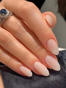 24pcs Medium Almond Shaped Nail Stickers, Pink & White Ombre Design, Glossy Full Coverage, Minimalist Style, Summer Nail Art Set, Suitable For Women & Girls, Timeless, Easy To Apply, Complete Nail Care Accessories - White - View 1