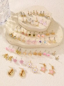 Set de 30 piezas de aretes con diseños de fresa, cereza, lazo, y corazón de la serie de vacaciones del océano, accesorios versátiles de uso diario como regalo para mujeres - Multicolor - Ver 9