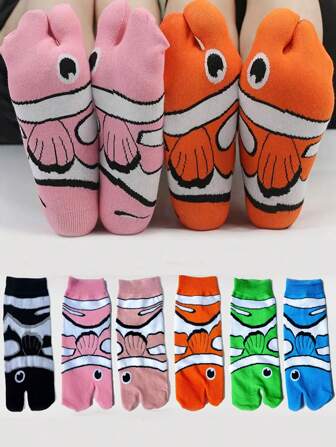 1/2/3/5/6 Pairs Of Clownfish Women's Short Socks, Split-Toe Socks Two-Toe Socks, Japanese Flip-Flops Mid-Calf Socks, Cute Socks, Suitable For So Season Wearing