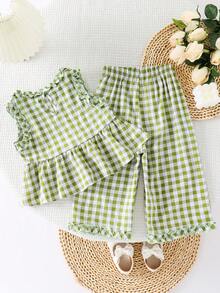 مجموعة 2 قطعة من الثوب المربع واسع الساق مع الخصر المطاطي للفتيات الصغيرات ، مناسب لأسلوب الريف في إجازة الصيف