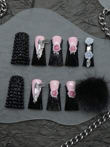 CrystalHola 10 Pcs Handmade Fake Nail Press On Nail ,Duck Nails, Black ,Acrylic Nail Kit 3D Rhinestone Glitter Shiny Artificial Gems,Heart,Cute, Bow,3D Flower,Y2K ,Nail Stickers, Valentine Charm Nails French Tip Nail Design Nail Art Suitable For Daily Wear ,Ideal Gift DIY Christmas Decor Beauty Popular Gift Suitable For Girls And Women To Wear - 彩色 - 查看 14