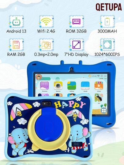 Qetupa 7-Inch Elephant Pattern Android 13 Kids Tablet, A133 Quad-Core 1.6GHz Processor, 2GB RAM+32GB ROM, 1024*600 IPS Touchscreen, 3000mAh Battery, 0.3MP+2.0MP Dual Camera, 2.4G WiFi, With Shock-Proof Protective Case, Suitable As Children's Christmas Gift