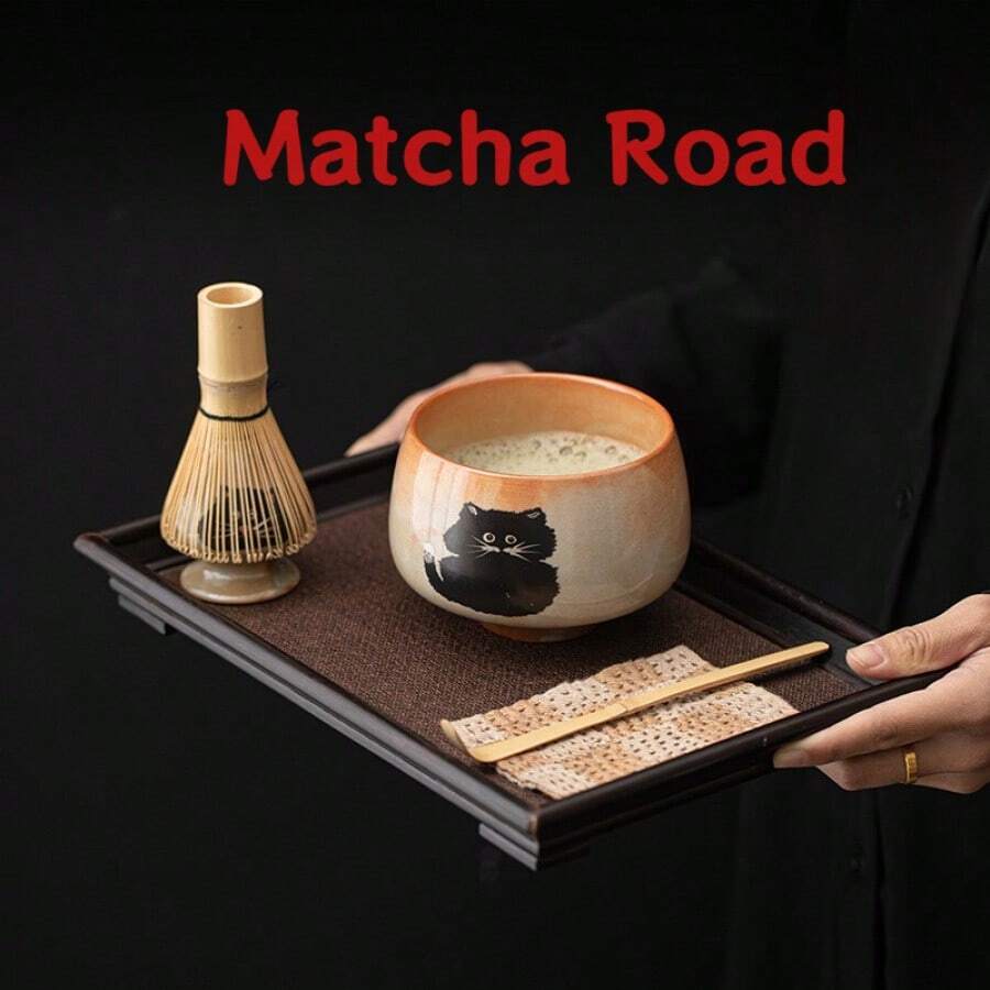 1 pieza Juego de accesorios de matcha japonés de cerámica con: batidor de matcha en forma de gato, tazón de matcha vertical, cuchara de matcha. Fabricado a mano con alta resistencia a la temperatura, durable y fácil de limpiar. Adecuado como regalo para vacaciones, cumpleaños, para usar en el hogar, al aire libre u oficina, vuelta al colegio