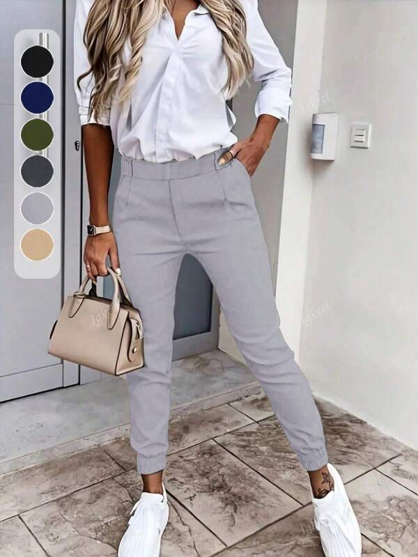Spring/Summer,Elegant High-Waist Slim-Fit Pants For Women - Solid Color Black, Polyester, Machine Washable With Slant Pockets & Button Detail, Perfect For Work & Casual Wea & Commuting