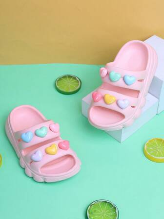 1 Pair Kids/Toddler Pink Heart Casual Sandals, Non-Slip Outdoor Children Breathable Slippers, Summer Beach Shoes For Girls