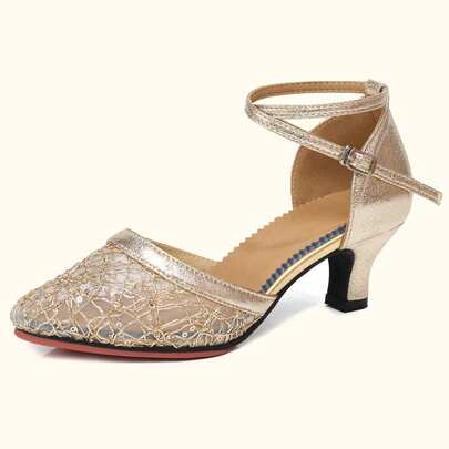 Zapatos de baile latino para mujer, diseño cerrado de encaje y lentejuelas, adecuados para baile de salón, salsa, tango, fiestas, práctica y actuaciones