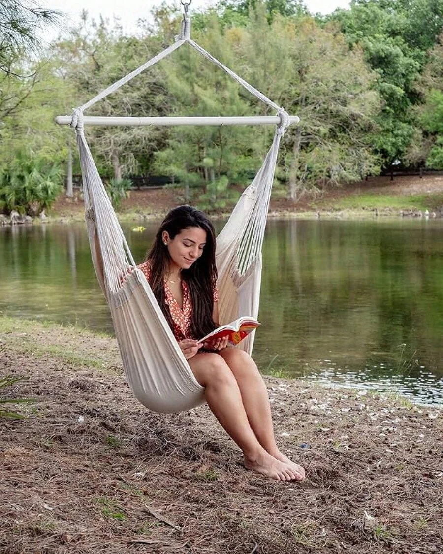 Hammock Chair Swing (500 Lbs Max) - Hanging Hammock Chair Rope Swing Indoor Hammock Chair,Outdoor Furniture,Swing Chair For Room,Amaca Para Adultos,Hamacas Para Adultos,Columpio Para Patio,Swing Sets Backyard, Patio Furniture Set For Bedroom, Outdoor, Patio, Bedroom, Porch, Deck - Sturdy Steel Bar With Anti-Slip Safety Rings - 封面+白色 - 查看 1