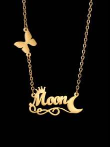 1 pieza Collar con placa con diseño de corona en forma de corazón personalizado, collar con colgante de cadena cubana gruesa personalizada con letra, joyería elegante y bonita de acero inoxidable, regalo de aniversario para él, regalo de festival de música, estilo de letra para la temporada de regreso a clases - Dorado - Ver 5