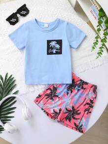 Conjunto de 4 piezas de ropa informal y linda para niño bebé, que incluye camisetas de manga corta de cuello redondo suaves, transpirables y cómodas, y shorts con estampado de árboles de coco en estilo de playa, adecuados para uso diario, vacaciones y fiestas