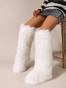 Women's Faux Fur Boot Furry Fluffy Round Toe Suede Winter Comfy Plush Warm Short Outdoor Indoor Flat Shoes Knee-High Boots - White - View 4