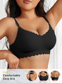 Plus Size Seamless Wireless Bra For Women, Lift & Gather, Supportive Back, Comfortable & Breathable, Skin-Friendly, Removable Padded, Adjustable Straps, Suitable For Sleep, Leisure, Yoga - Black - View 3