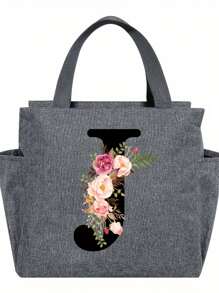 1pc Elegant Floral & Letter Tote Bag - Insulated Lunch Bag, Made Of Durable Polyester, Grey With Pink Flowers & Green Leaves, Suitable For Office, School And Outdoor Picnic