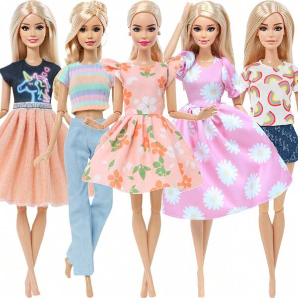 Set de 5 piezas de ropa de moda de poliéster para muñecas de 11,5 pulgadas (1:6), conjunto de vestidos casuales, adecuado como regalo para el Día del Niño/Cumpleaños (Muñeca no incluida)