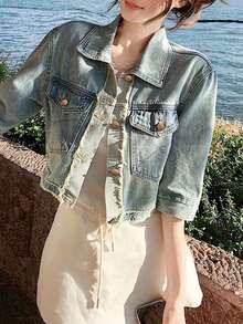 女士短袖流苏边休闲牛仔夹克