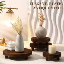 Wooden Risers For Display Wood Pedestal Stand Mini Tray Stand Round Wooden Pedestal Holder Rustic Riser For Decor Tiered Tray Decor Home Kitchen, Distressed Wood Risers Farmhouse Pedestal Display Stand Rustic Pedestal Stand Beaded Decor For Tiered Trays Home (Brown)
