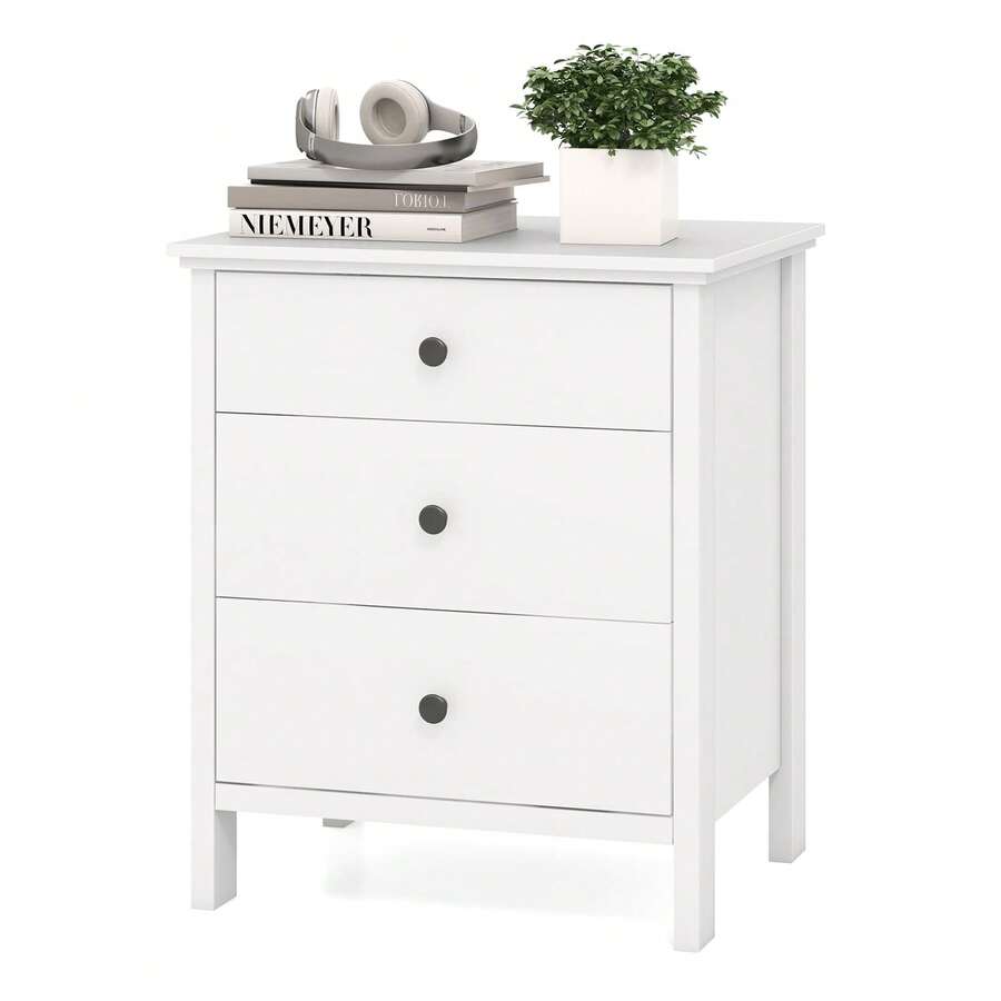 Bedside Table Compact Storage Chest Bedroom Nightstand With 3 Drawer-White - White - View 1
