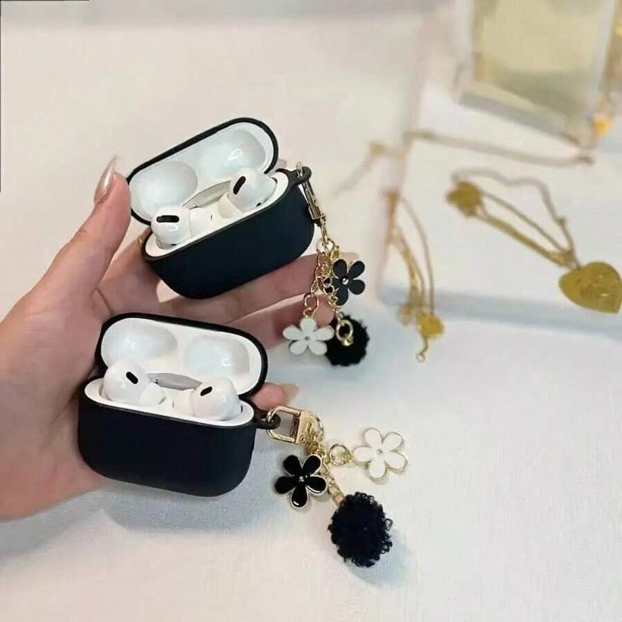 1pc Black, White & Pink Floral Hanging Chain Earphone Case Compatible With IPhone, 1/2, Pro 3/Pro/Pro2, Wireless Earphone Protective Cover, Gift For Boyfriend/Girlfriend - Black and White Flower Necklace - View 1