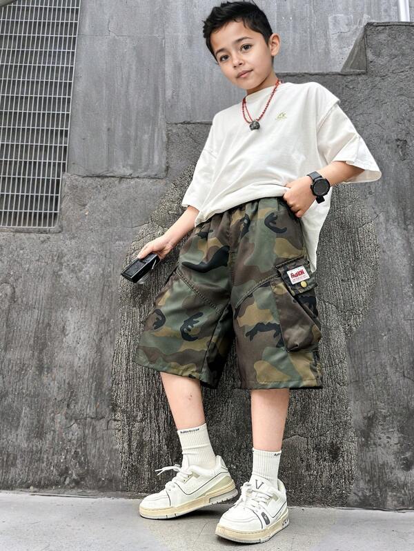 Tween Boy Camouflage Cargo Shorts, Mid Calf Length Boy's Fashionable Military Style Pockets Pants, Summer Teens Sports Casual Shorts