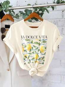 Hewang T-shirt col rond à manches courtes avec imprimé citron et lettres en grande taille - doux, respirant, microélastique, top décontracté pour l'été et le printemps - vêtements femmes grandes tailles coupe droite, hauts graphiques femmes