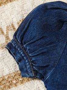 牛仔时尚休闲泡泡袖牛仔外套搭配腰带百褶牛仔裙 - 寶藍色 - 查看 3