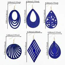 6 Pairs Retro Elegant Wooden Pendant Earrings, Blue Geometric Carved Design, Suitable For Evening Gowns And Party Outfits, Gift For Her