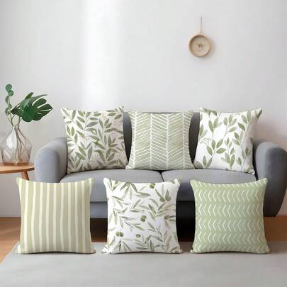 6pcs Green Minimalist Leaf Geometric Pattern Cushion Covers, Single-Sided Printed Peach Velvet Fabric, 45*45/50*50/40*40CM Pillow Covers For Modern Fabric Sofa Indoor Decor, Party Decoration, Gift