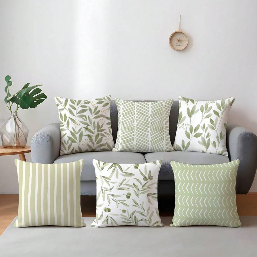 6 pièces Housses de coussin à motif géométrique de feuilles minimalistes vertes, imprimées sur un seul côté en velours pêche, 45*45/50*50/40*40CM Housses de coussin pour décoration de canapé en tissu moderne, décoration de fête, cadeau - 6 pièces - Vert - Voir 1