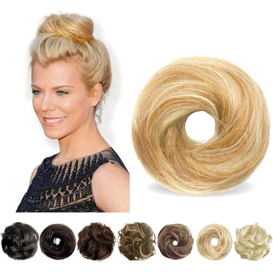 Human Hair Messy Bun Hair Piece, Dark Blonde, 5 Inch, High Density, Curly, Wig Hairpiece - Light Golden Brown - View 1