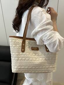 DAZY Túi đeo vai dệt phong cách Âu Mỹ cho nữ dung tích lớn đi làm, túi đeo chéo mùa hè, túi tote thời trang Colorblock cho bãi biển, mua sắm, đi chơi bình thường - màu nâu - Xem 2