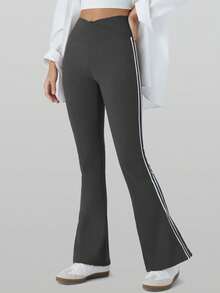 RUNONWHEELS 5 Quần legging ống loe cạp cao dành cho tập thể dục và thể thao hàng ngày, quần bó sát nâng mông tập yoga cho nữ, quần bó sát ống loe cạp cao chéo cho nữ mùa xuân - Màu xám đen - Xem 8