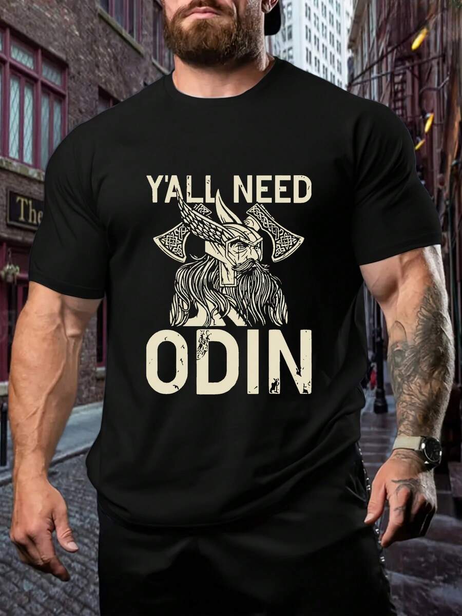 Camiseta negra con temática de Odin para hombre ,220 g/m², nueva camiseta informal de verano de algodón con cuello redondo y manga corta (1 unidad) - Negro - Ver 1