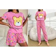 Set de pijama 3 piezas para mujer con pantalón largo, short y blusa crop, estampados variados, ropa ligera para dormir o casa, ideal para verano - Rosa Fucsia - Ver 1