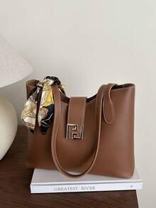 1pc PU Shoulder Bag With Scarf Decor, Large Capacity, Lightweight And Versatile, Suitable For Commuting - Brown - View 5