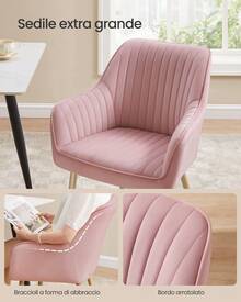 Sedia da Pranzo, Sedia da Cucina, Poltrona in Velluto Imbottita con Braccioli, Regge 120 kg, Gambe in Metallo, per Sala da Pranzo, Cucina,  Rosa Pastello e Dorato Pallido - Rosa - Visualizzare 5
