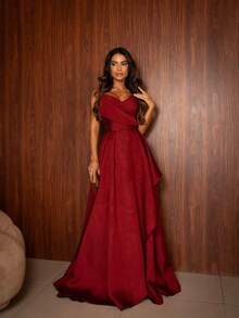 PRINCESS STRAP-OFF PARTY DRESS. Elegant Conservative / Modest PET Appliques - Burgundy - View 1