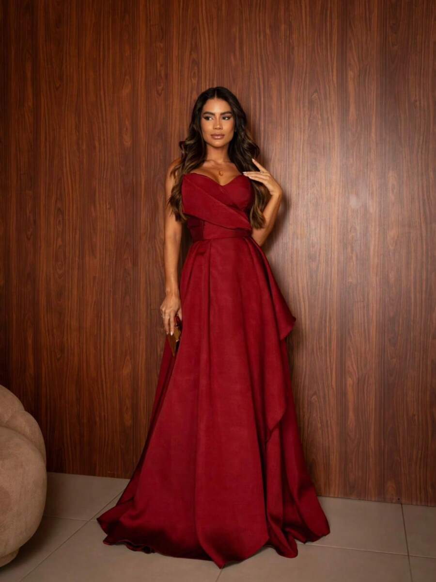 PRINCESS STRAP-OFF PARTY DRESS. Elegant Conservative / Modest PET Appliques - Burgundy - View 1