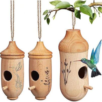 蜂鸟屋 - 木制户外鸟屋，带绳悬挂式蜂鸟屋，户外园艺礼品