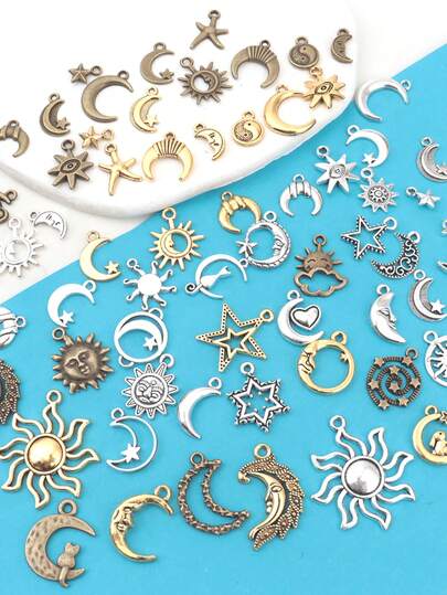 50개/세트 랜덤 빈티지 스타일 메탈 달과 별 모양 구슬, DIY 주얼리 제작에 적합, 개성 있는 DIY 귀걸이/목걸이/팔찌 장식품