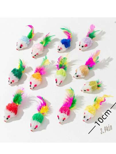10pcs Plush Mouse Cat Toys, Multicolor Feather Tail Fluffy Mice Toys, Realistic Mouse Toys Shaking To Attract Cats, Self-Entertainment Toys