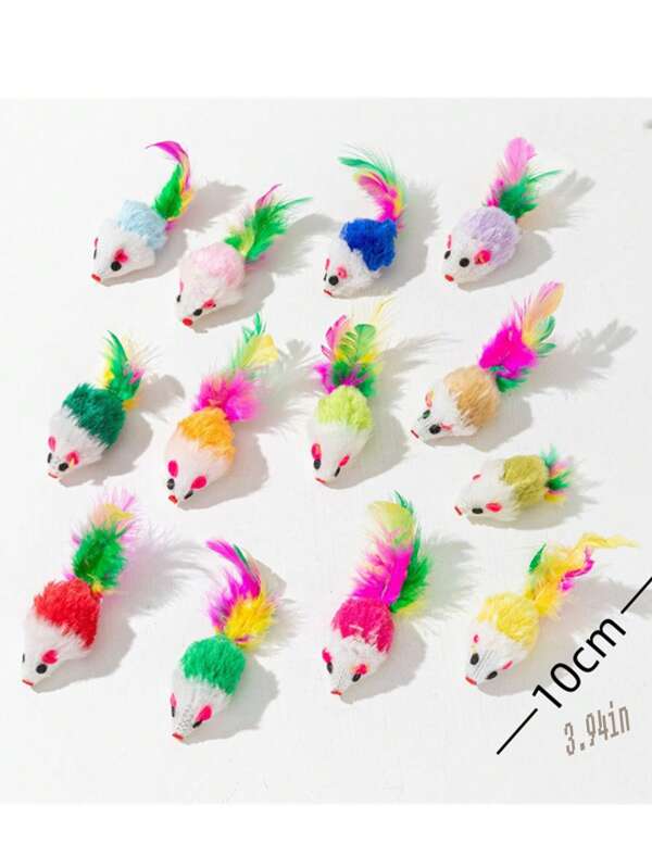 10 peças de brinquedos de pelúcia para gatos, brinquedos de rato fofos com cauda de penas multicoloridas, brinquedos de rato realistas que balançam para atrair gatos, brinquedos de autoentretenimento