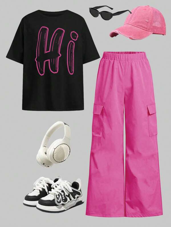 2pcs/Set Girls Sweet & Cool Loose Round Neck Top And High Waist Cargo Pants Set, Back To School