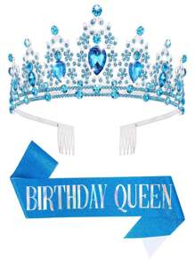 2pcs/Set Baroque Style Rhinestone Zinc Alloy Birthday Crown + Sash Suit, Suitable For Birthday Party, Birthday Queen Tiara Headpiece + Shoulder Strap Accessory