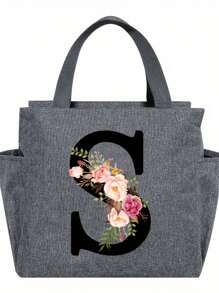 1pc Elegant Floral & Letter Tote Bag - Insulated Lunch Bag, Made Of Durable Polyester, Grey With Pink Flowers & Green Leaves, Suitable For Office, School And Outdoor Picnic