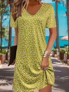 Vestido de gasa ligero con estampado de flores diminutas, elegante y casual para vacaciones y oficina para mujer, primavera/verano