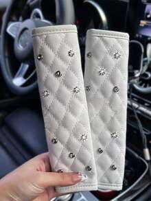 2pcs Car Diamond Shoulder Protector Pads, Leather Car Anti-Pinch Protection Covers - Black - View 4