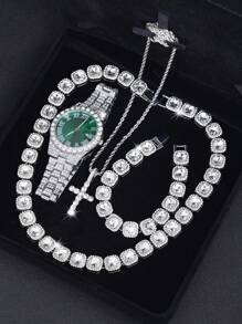 CVNANA 4pcs/Set Men's Watch And Hip Hop Cuban Chain Necklace Bracelet Set (Without Gift Box)
