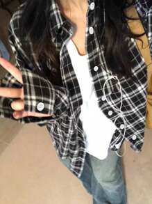 Women's Regular Plaid Dropped Shoulder Long Sleeve Loose Casual Shacket, Versatile Autumn